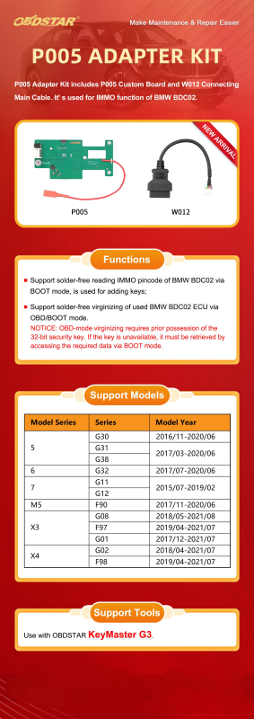 Pre-Order OBDSTAR P005 Adapter Kit  includes P005 Custom Board and W012 Connecting Main Cable. It' s used for IMMO function of BMW BDC02.