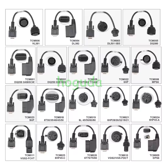OBDSTAR TCM Cables Set 19 Pieces for DC706/ X300 Classic G3 Package includes: 1pc x TCM001 DQ200 0AM/0CW cable 1pc x TCM002 DQ250 02E/0D9 cable 1pc x TCM003 DL501 0B5 cable 1pc x TCM004 DL382 cable 1pc x TCM005 DQ380 cable 1pc x TCM006 VL381 cable 1pc x T