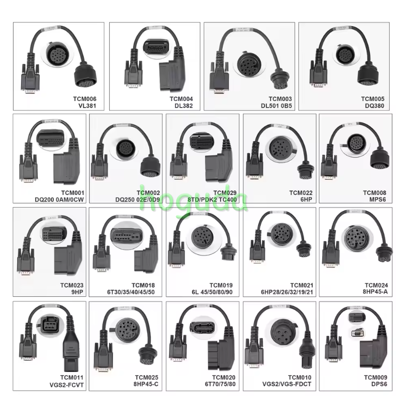 OBDSTAR TCM Cables Set 19 Pieces for DC706/ X300 Classic G3 Package includes: 1pc x TCM001 DQ200 0AM/0CW cable 1pc x TCM002 DQ250 02E/0D9 cable 1pc x TCM003 DL501 0B5 cable 1pc x TCM004 DL382 cable 1pc x TCM005 DQ380 cable 1pc x TCM006 VL381 cable 1pc x T