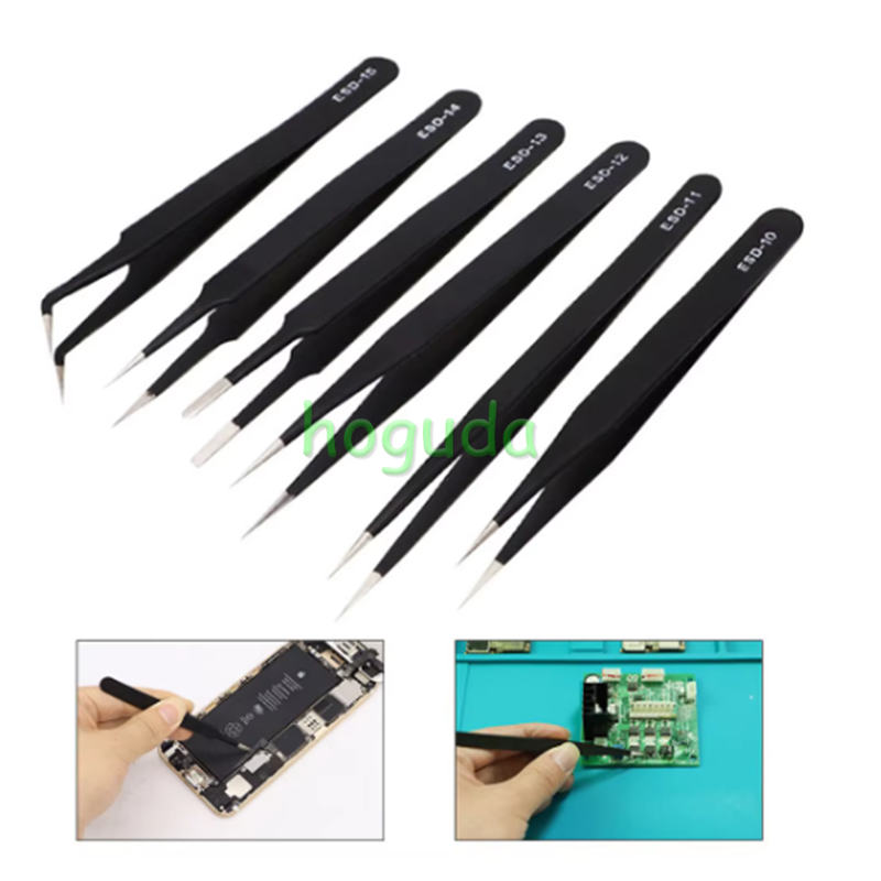 6pcs/set Anti-Static Stainless Steel Tweezers Precision Maintenance Industrial Repair Curved Working Model Making Hand Tool ESD10, ESD11, ESD12, ESD13, ESD14, ESD15
