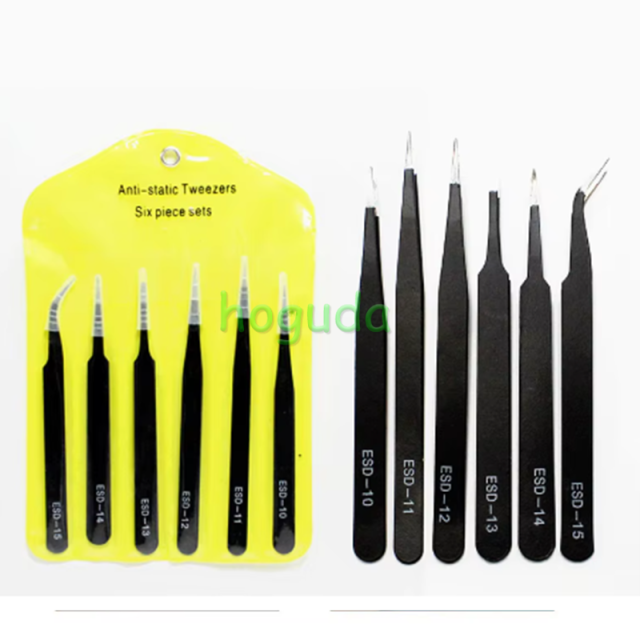 6pcs/set Anti-Static Stainless Steel Tweezers Precision Maintenance Industrial Repair Curved Working Model Making Hand Tool ESD10, ESD11, ESD12, ESD13, ESD14, ESD15
