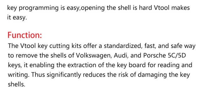 The Vtool key cutting kits offer a standardized, fast, and safe way to remove the shells of vw, Audi, and Porsche 5C/5D keys