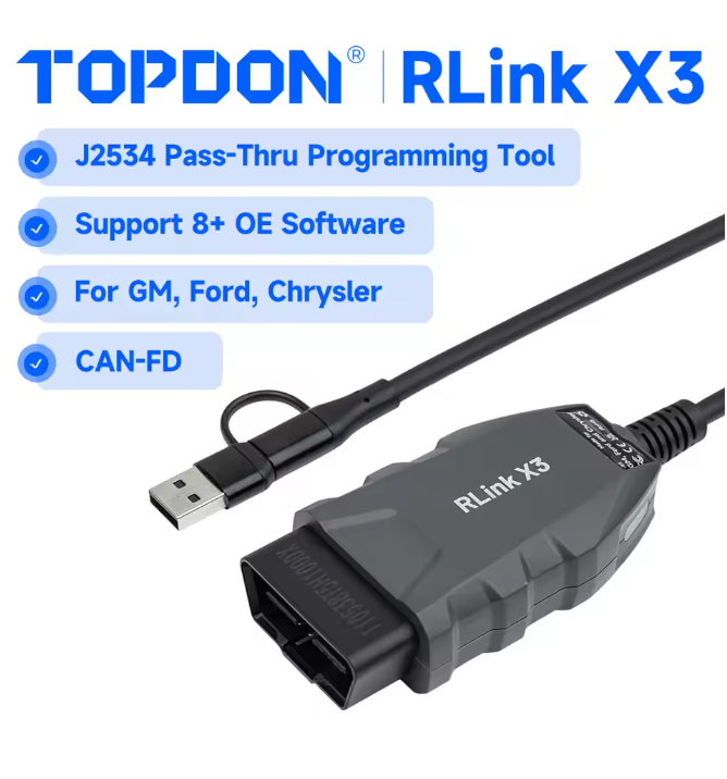 TOPDON RLink X3 Reprogramming Tool OBD2 Adapter for GM/Ford/Chrysler J2534 Pass-Thru Programmer OEM Programming Diagnostic Tool