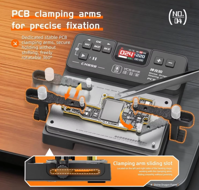 YCS CH898 220V Divine Dragon Flame PCB Preheating Station 40-260°C Heating Platform with 3 Presets and Clamping Arms for Repair
