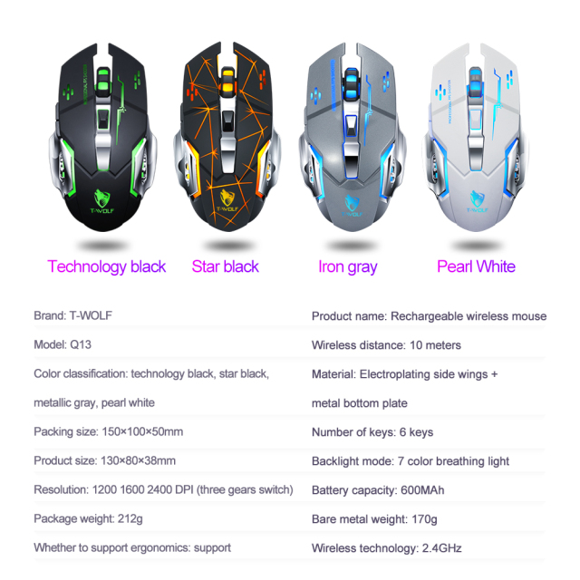 Q13 OEM/ODM 2.4G BT wireless mouse mobile supported hyper speed wireless rgb backlit 6d gaming pc mouse