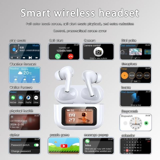 ANC+ENC Multifunctional Touch Screen in Ear 5.4 Bluetooth Earphones A12 Pro Stereo Sound Sport Earbuds