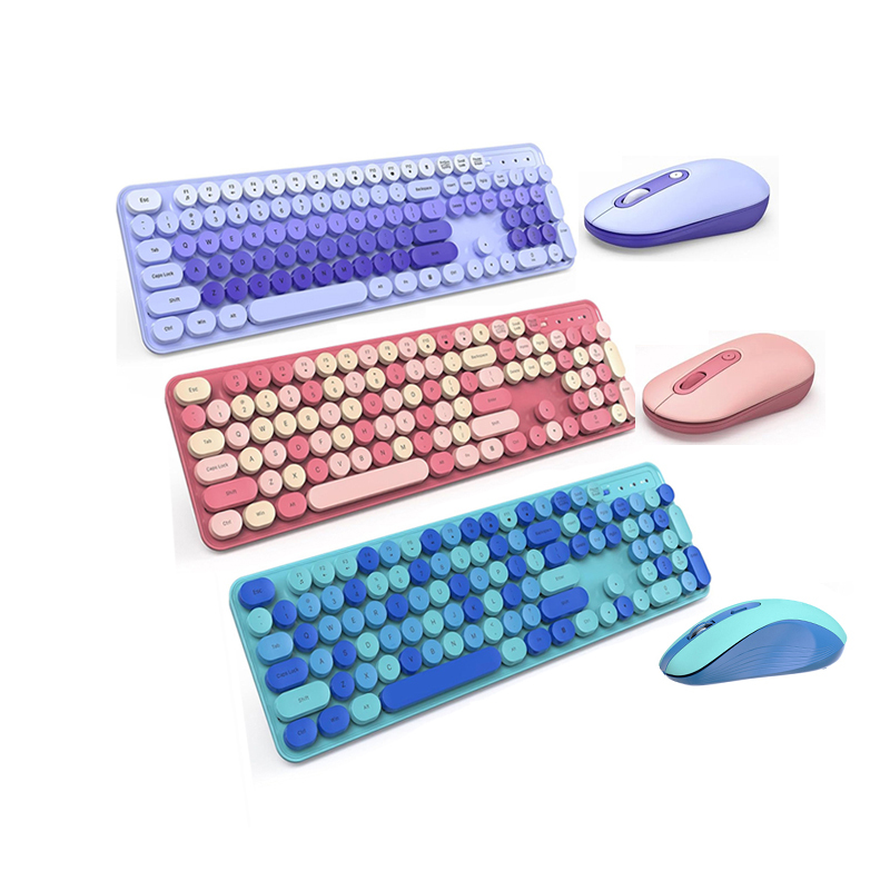 104-Key Retro Round Keycap Office Keyboard Mouse Combo Cordless Cute Colorful Silent Wireless Keyboard and Mouse