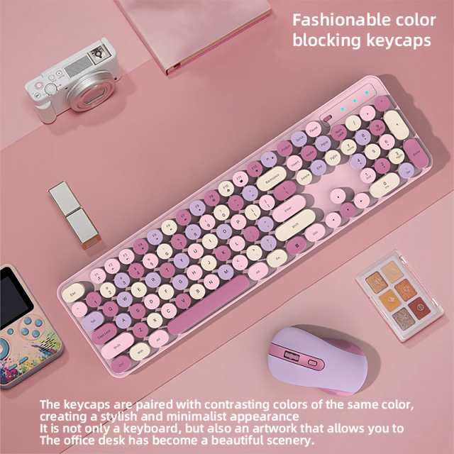 104-Key Retro Round Keycap Office Keyboard Mouse Combo Cordless Cute Colorful Silent Wireless Keyboard and Mouse