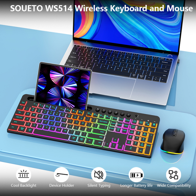 114 Keys 2.4G Wireless Keyboard and Mouse for Computer RGB Silent Cordless Membrane Keyboard Set for Mobile Phone Tablet