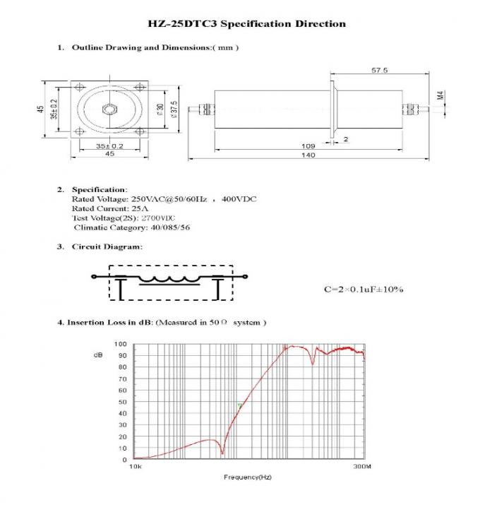 High Voltage 6A 25A Suppression Emi Feedthrough Filter Dc Line Filter