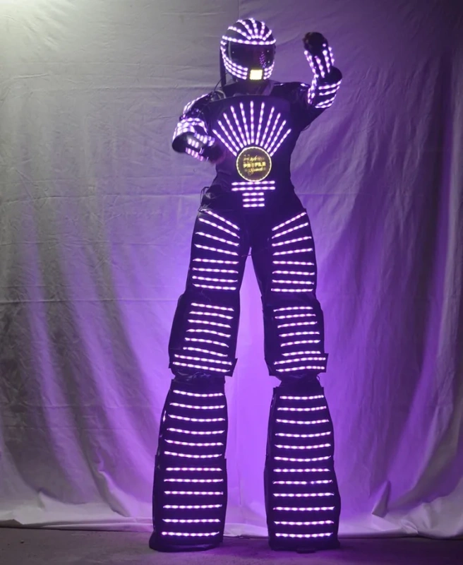 Unisex adult Halloween LED Light Stilts Walker Robot Suit Luminous Costumes LED Screen Clothes Bar Party Nightclub Robot