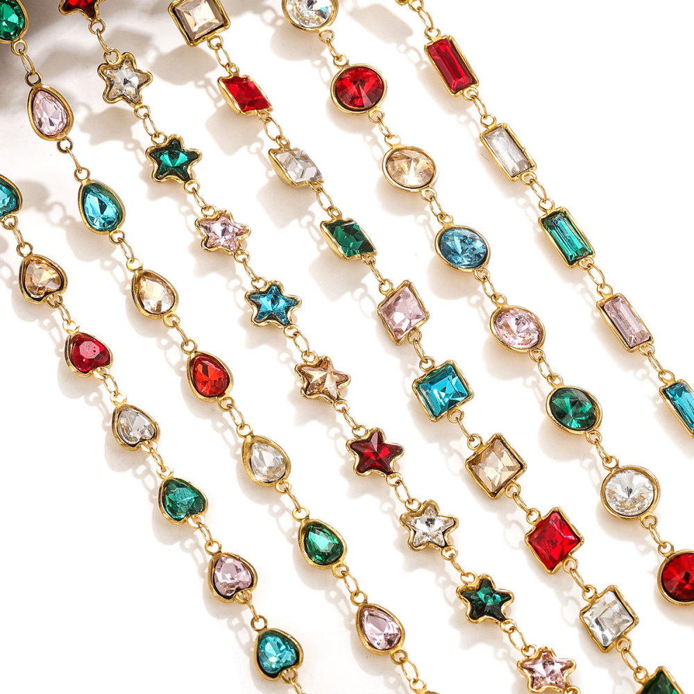 Cadena impermeable de cristal de acero inoxidable Cadena de cristal de colores Chapado en oro de 18 quilates joyería intracraneal pulsera collar pulsera