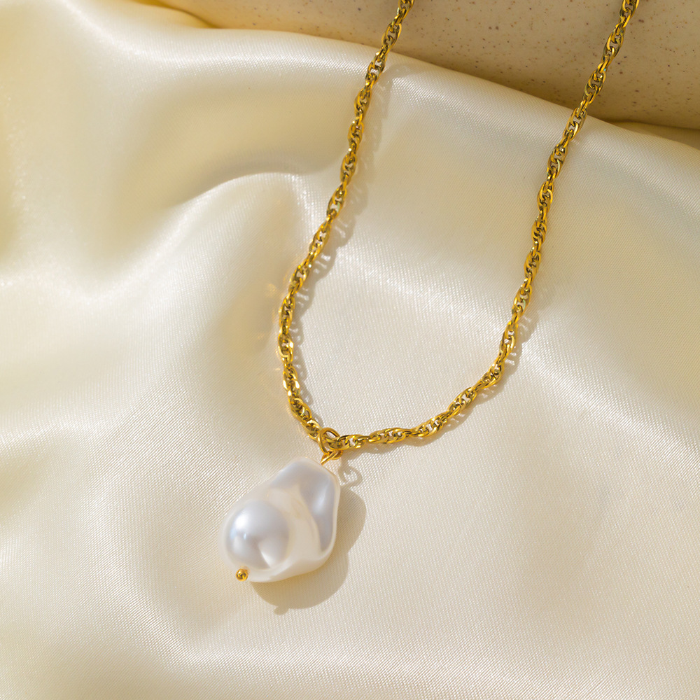 Collar y aretes con colgante de perlas de forma especial, de lujo ligero, acero inoxidable chapado en oro de 18 quilates, cadena de clavícula de alta gama, conjunto de joyería para mujer al por mayor