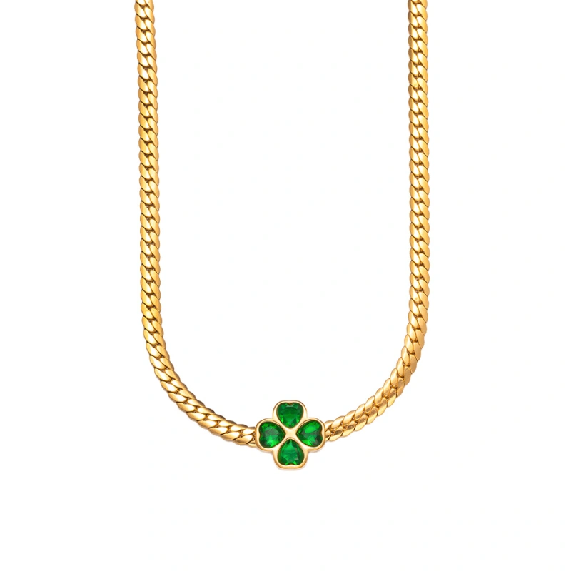 Conjunto de joyas, collar, pulsera y aretes de trébol de cuatro hojas esmeralda, collar de clavícula femenina, aretes versátiles de acero inoxidable que no se desvanecen