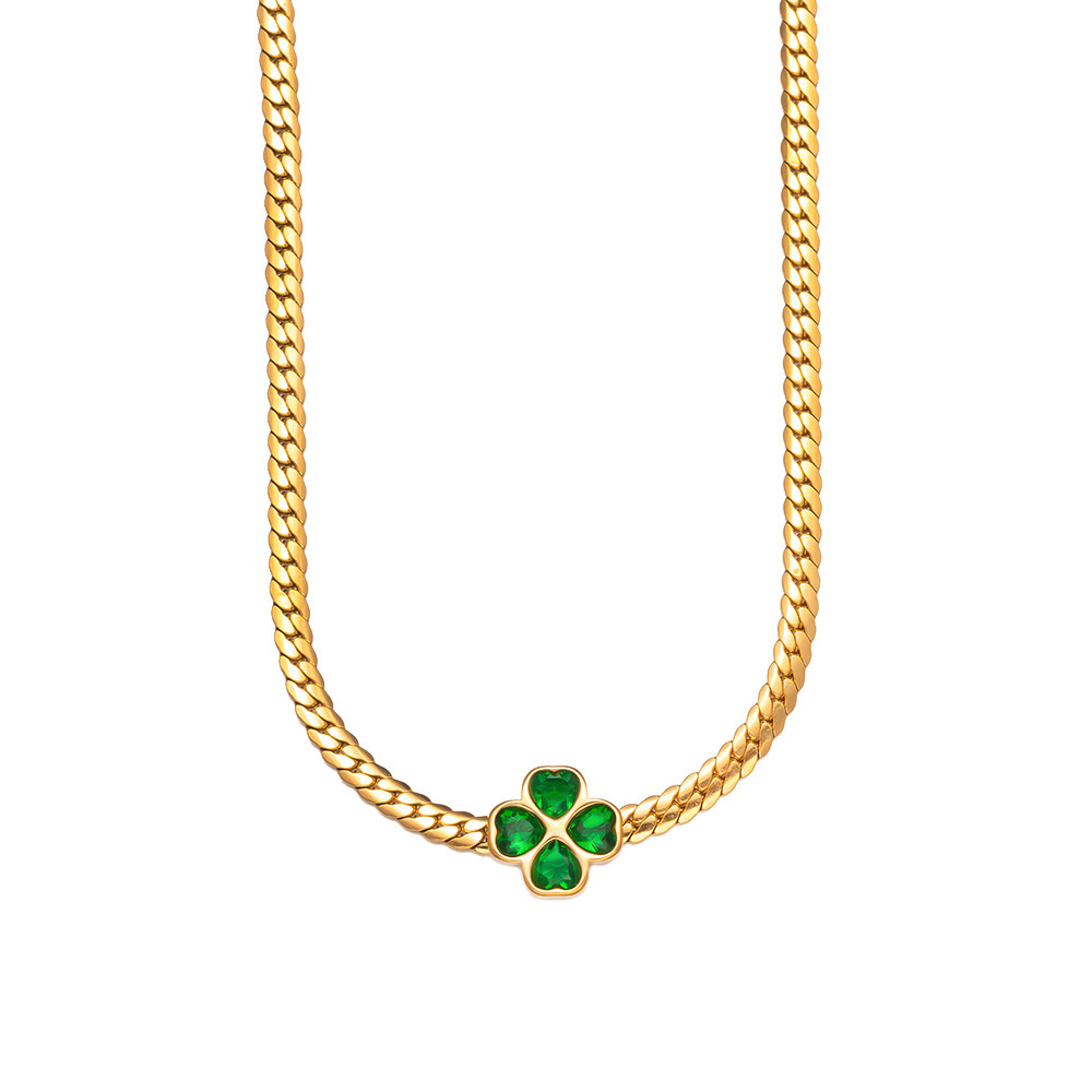 Conjunto de joyas, collar, pulsera y aretes de trébol de cuatro hojas esmeralda, collar de clavícula femenina, aretes versátiles de acero inoxidable que no se desvanecen