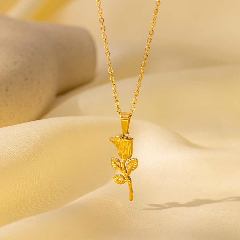 Una rosa collar de clavícula pendientes conjunto de joyería joyería de acero inoxidable para mujer