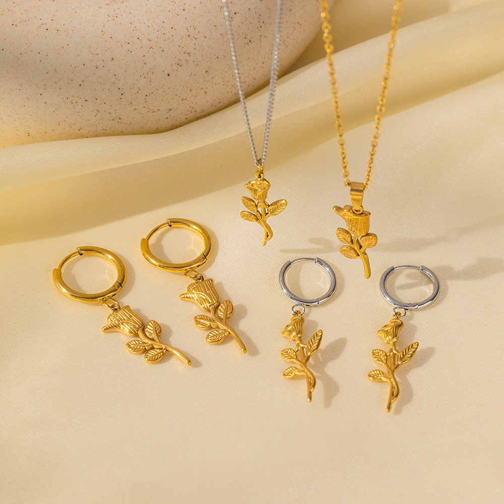 Una rosa collar de clavícula pendientes conjunto de joyería joyería de acero inoxidable para mujer