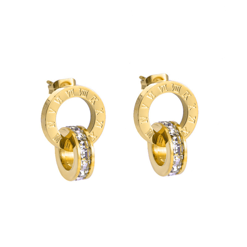 Números romanos de moda que no se desvanecen, aretes de diamantes de doble anillo, aretes de mujer de acero inoxidable y aretes al por mayor  ACRSS/04-28