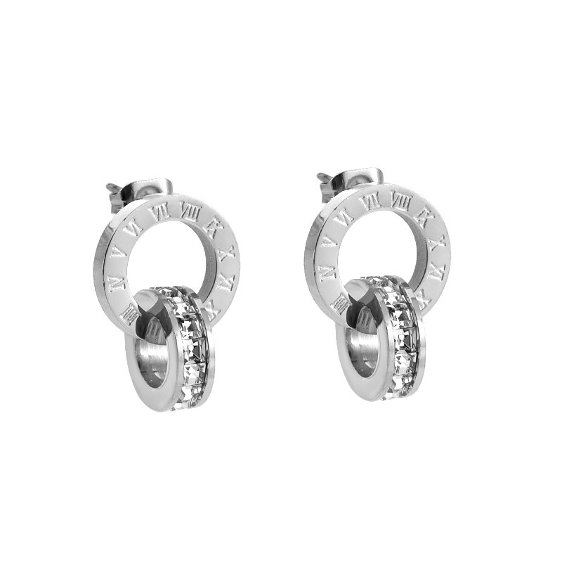 Números romanos de moda que no se desvanecen, aretes de diamantes de doble anillo, aretes de mujer de acero inoxidable y aretes al por mayor  ACRSS/04-28