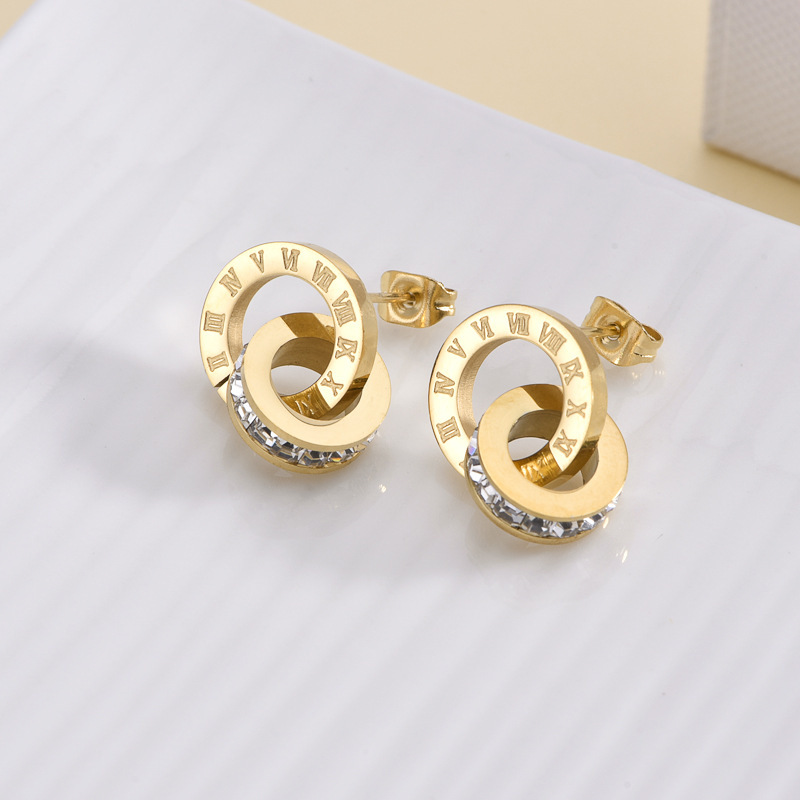 Números romanos de moda que no se desvanecen, aretes de diamantes de doble anillo, aretes de mujer de acero inoxidable y aretes al por mayor  ACRSS/04-28