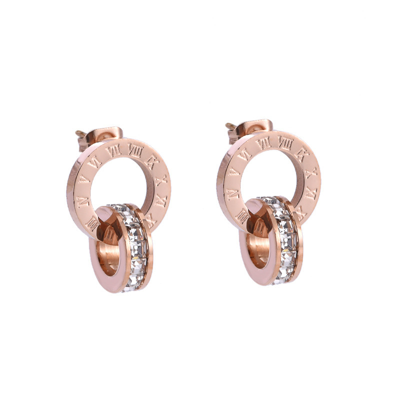 Números romanos de moda que no se desvanecen, aretes de diamantes de doble anillo, aretes de mujer de acero inoxidable y aretes al por mayor  ACRSS/04-28