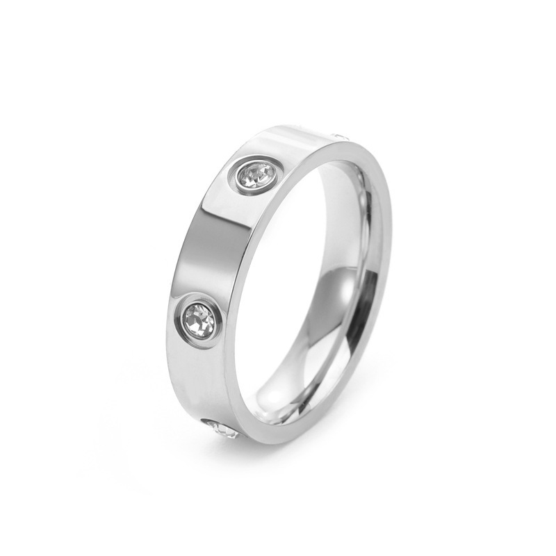 Anillo de acero inoxidable con incrustaciones de diamantes de estilo moderno, anillo de pareja de alta gama y que no se decolora, anillo de diamantes de seis diamantes de 5.5 mm  ACRSS/05-33