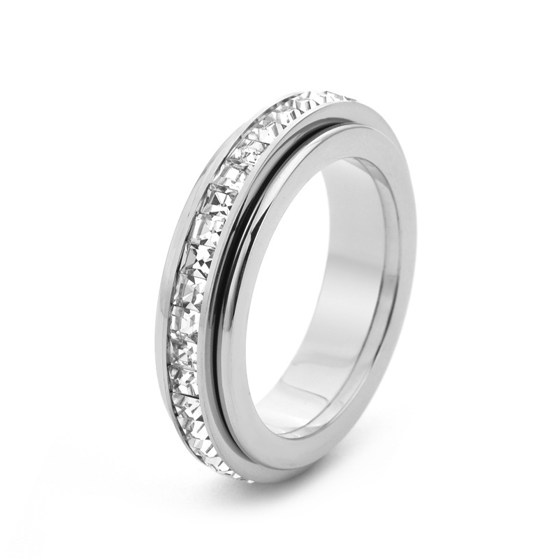 Fila única de diamantes cuadrados de estilo moderno, círculo giratorio doble, el tiempo viene y gira, anillo giratorio, anillo de pareja con aliento de bebé  ACRSS/05-39