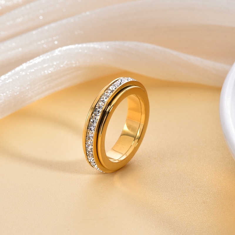 Fila única de diamantes cuadrados de estilo moderno, círculo giratorio doble, el tiempo viene y gira, anillo giratorio, anillo de pareja con aliento de bebé  ACRSS/05-39