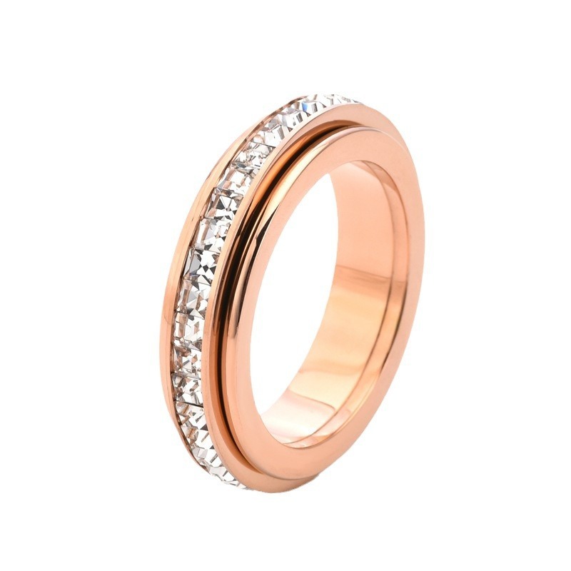 Fila única de diamantes cuadrados de estilo moderno, círculo giratorio doble, el tiempo viene y gira, anillo giratorio, anillo de pareja con aliento de bebé  ACRSS/05-39