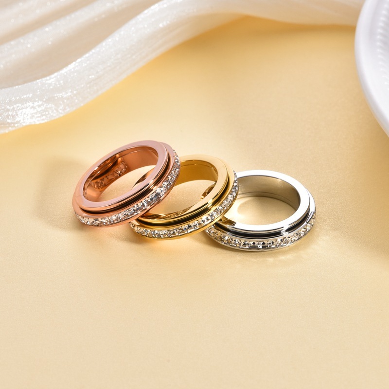Fila única de diamantes cuadrados de estilo moderno, círculo giratorio doble, el tiempo viene y gira, anillo giratorio, anillo de pareja con aliento de bebé  ACRSS/05-39