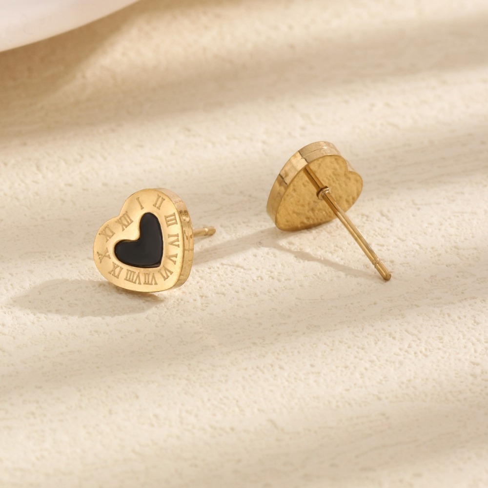 Pendientes de acero inoxidable con números romanos negros y corazón de moda Retro, pendientes de nicho femeninos  ACRSS/09-45