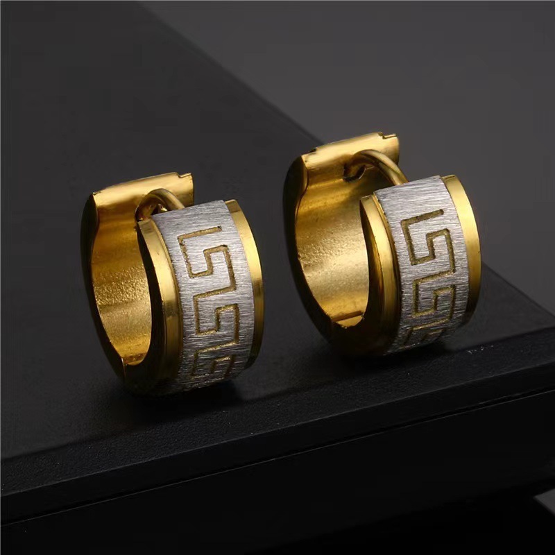 Pendientes de acero inoxidable para hombre que no se decoloran, patrón de Gran Muralla, pendientes de diseño simple personalizados, joyería de moda retro   ACRSS/11-48