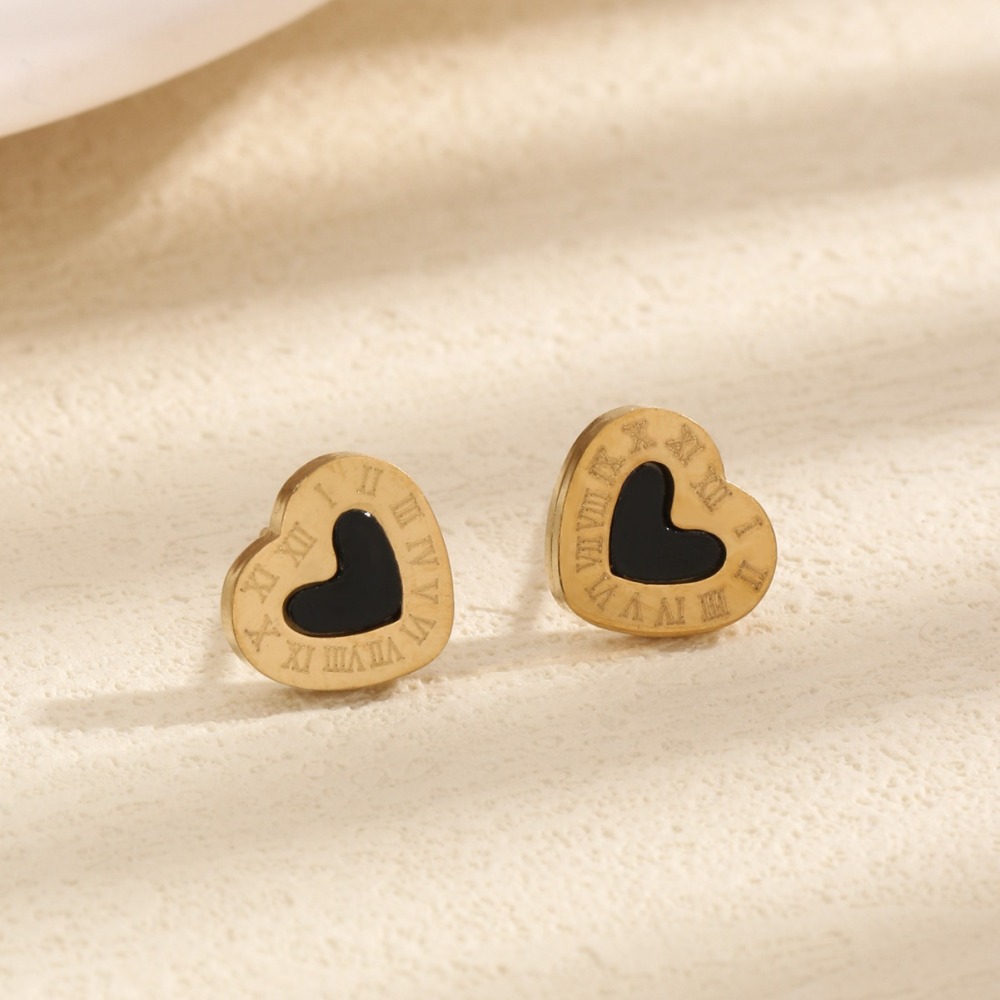 Pendientes de acero inoxidable con números romanos negros y corazón de moda Retro, pendientes de nicho femeninos  ACRSS/09-45