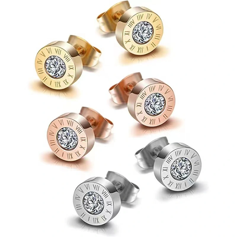 Pendientes populares de circonio con números romanos de acero inoxidable, pendientes personalizados al por mayor  ACRSS/12-55