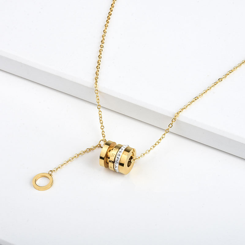 Números romanos de moda, círculo cilíndrico con diamantes de barro, cintura pequeña con diamantes, collar de acero inoxidable con círculo colgante  ACRSS/19-66