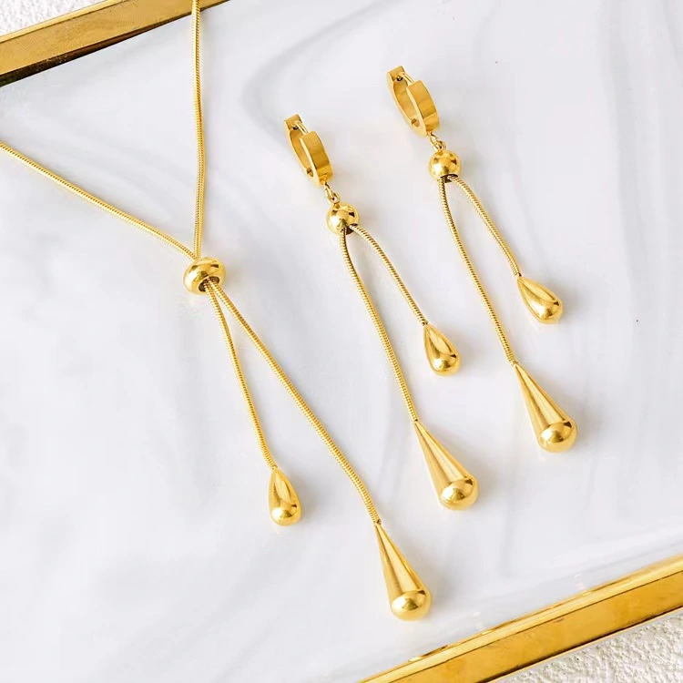 Conjunto de pendientes y collar con forma de gota de agua con borla ajustable, cadena redonda de hueso de serpiente que no se decolora, venta al por mayor  ACRSS/26-73