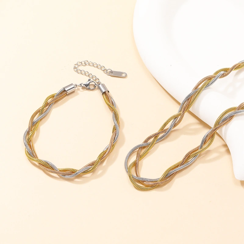 Trenzado personalizado, versátil juego de pulsera y collar de acero inoxidable de doble y triple capa, cadena lisa, cadena de hueso de serpiente y cadena de cuchillas  ACRSS/25-72
