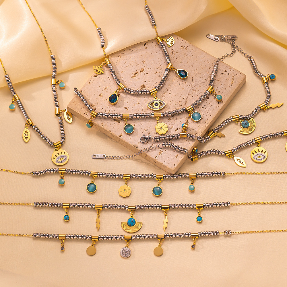 Conjunto al por mayor Pulsera de acero inoxidable turquesa Collar Colgante de ojo de gato Temperamento de moda retro Lujo ligero y accesorios versátiles  ACRSS/03-90