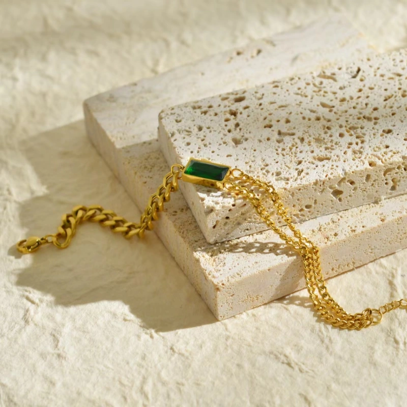 Cadena de lujo ligera, diamante verde y circonita, apilamiento de doble cadena, juego de pulsera, collar y aretes, acero inoxidable, sin decoloración, venta al por mayor   ACRSS/03-106