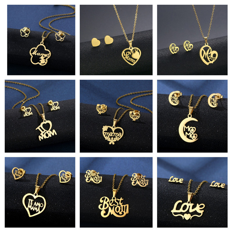 Conjunto de collar y aretes de acero inoxidable MAMA Conjunto de joyería personalizado de moda para el día de la madre  ACRSS/28-116