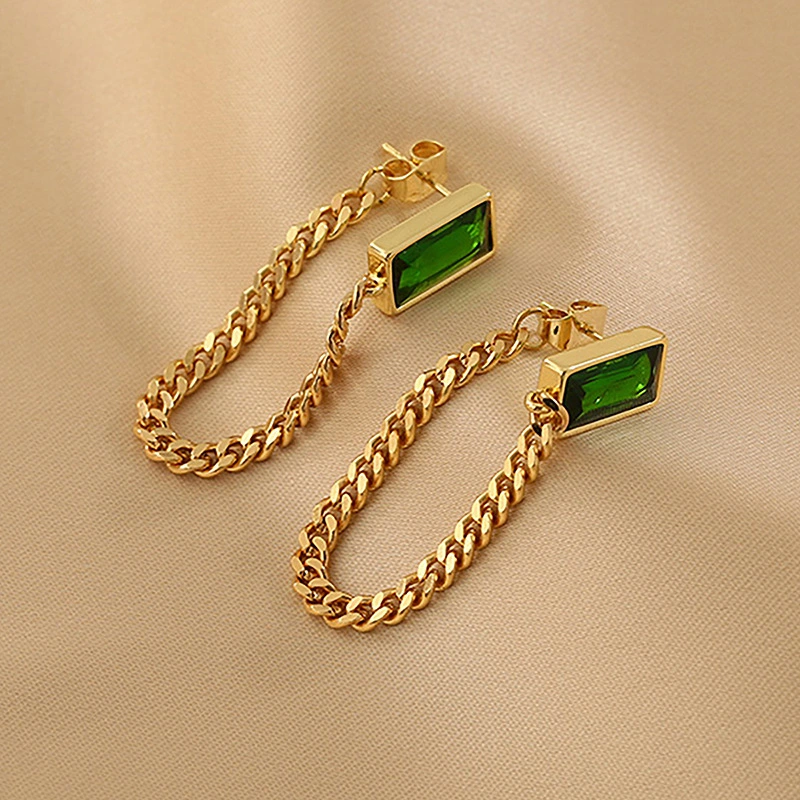 Cadena de lujo ligera, diamante verde y circonita, apilamiento de doble cadena, juego de pulsera, collar y aretes, acero inoxidable, sin decoloración, venta al por mayor   ACRSS/03-106