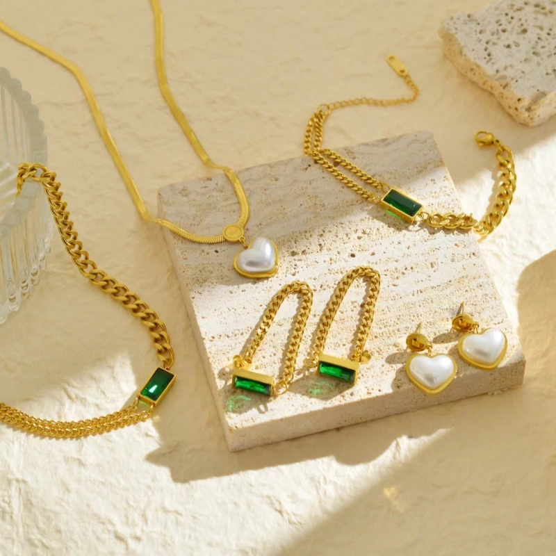 Cadena de lujo ligera, diamante verde y circonita, apilamiento de doble cadena, juego de pulsera, collar y aretes, acero inoxidable, sin decoloración, venta al por mayor   ACRSS/03-106