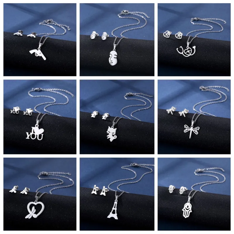 Conjunto de combinación de pendientes y collar de acero inoxidable, venta al por mayor, accesorios de moda simples de corte suave  ACRSS/28-120