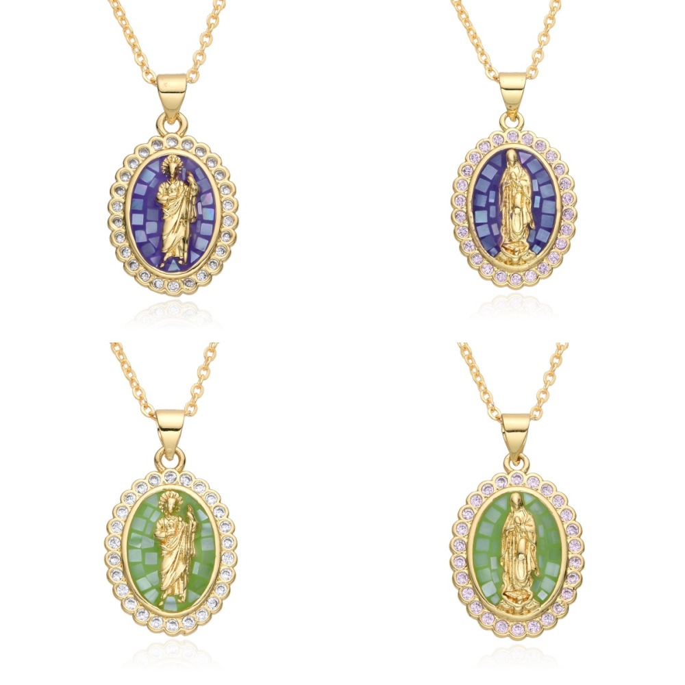 Collar ovalado de concha natural verde azul, joyería de cobre de la Virgen María, colgante chapado en oro de 18k  COPN/32-126