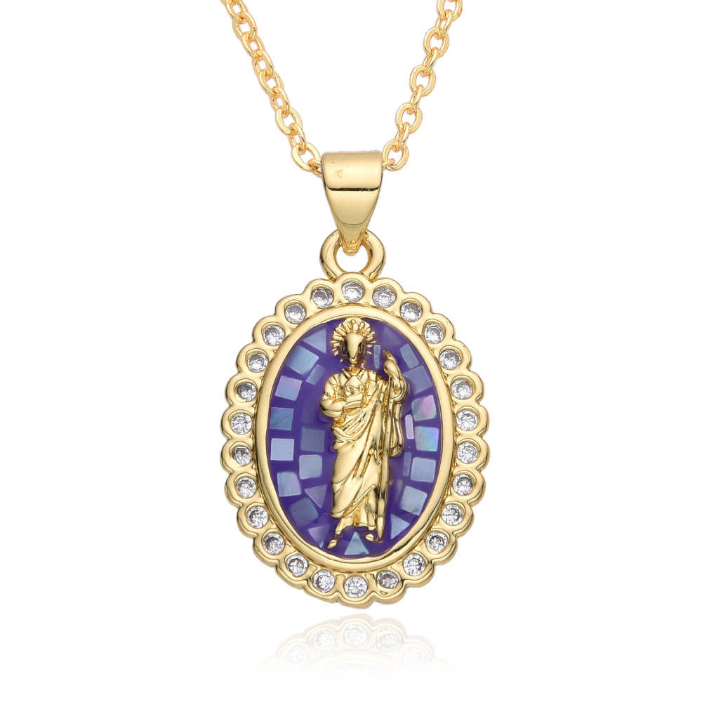 Collar ovalado de concha natural verde azul, joyería de cobre de la Virgen María, colgante chapado en oro de 18k  COPN/32-126