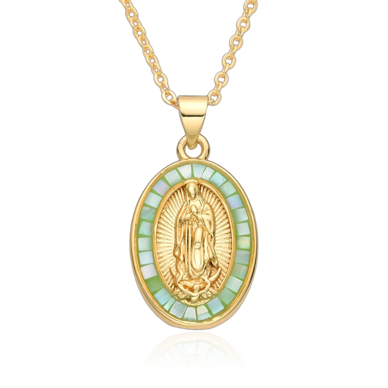 Collar ovalado de San Benito de Guadalupe, Virgen María, cadena de clavícula para mujer, colgante de concha que gotea aceite, joyería de cobre  COPN/32-127