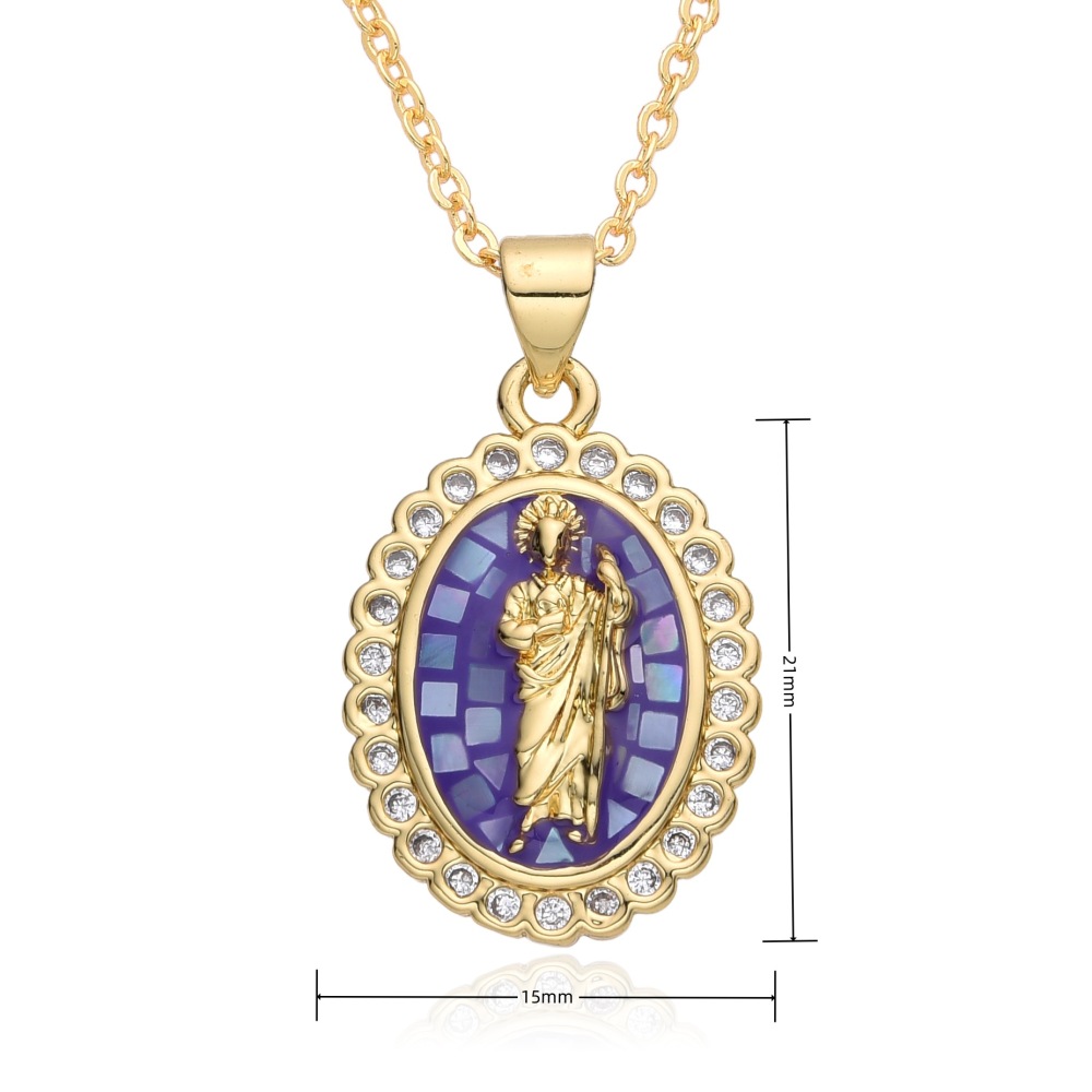 Collar ovalado de concha natural verde azul, joyería de cobre de la Virgen María, colgante chapado en oro de 18k  COPN/32-126