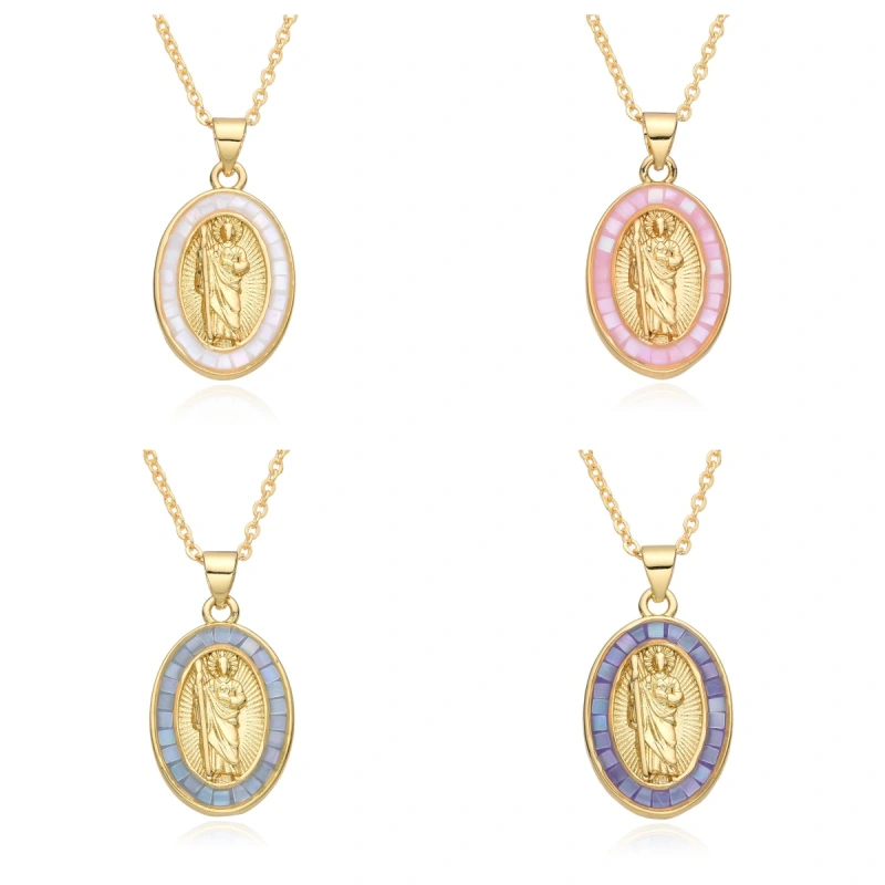 Collar ovalado de San Benito de Guadalupe, Virgen María, cadena de clavícula para mujer, colgante de concha que gotea aceite, joyería de cobre  COPN/32-127