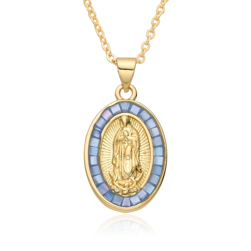 Collar ovalado de San Benito de Guadalupe, Virgen María, cadena de clavícula para mujer, colgante de concha que gotea aceite, joyería de cobre  COPN/32-127