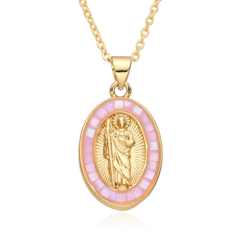 Collar ovalado de San Benito de Guadalupe, Virgen María, cadena de clavícula para mujer, colgante de concha que gotea aceite, joyería de cobre  COPN/32-127